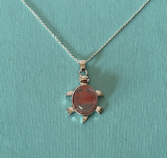 Cherry quartz turtle necklace, 20" turtle necklac… - image 1