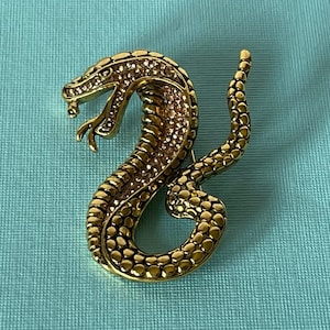 Gold snake brooch, rhinestone snake brooch, snake jewelry, serpent jewelry, gold snake pin, cobra brooch, rattlesnake brooch, snake pins
