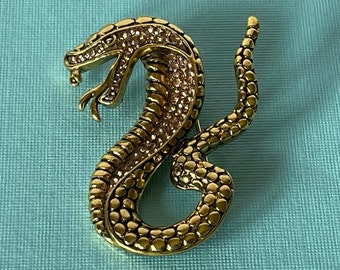 Gold snake brooch, rhinestone snake brooch, snake jewelry, serpent jewelry, gold snake pin, cobra brooch, rattlesnake brooch, snake pins