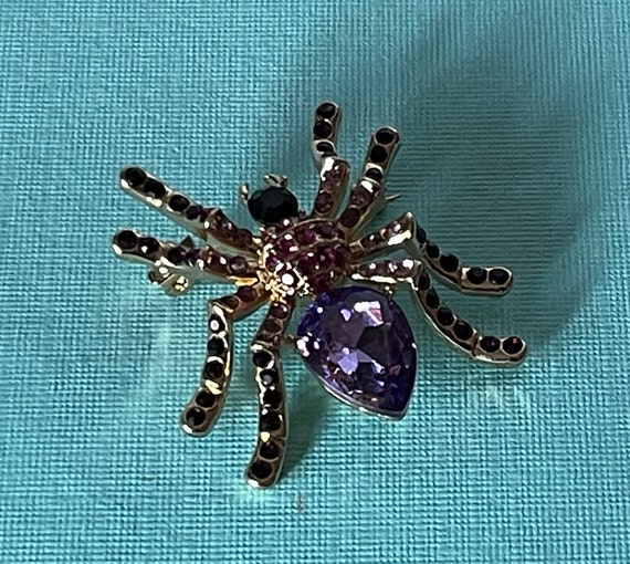Rhinestone spider brooch, purple spider pin, spid… - image 3