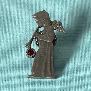 Vintage angel brooch, red rhinestone angel pin, pewter angel brooch, Christian jewelry, angel with horn, guardian angel pin, Christmas angel