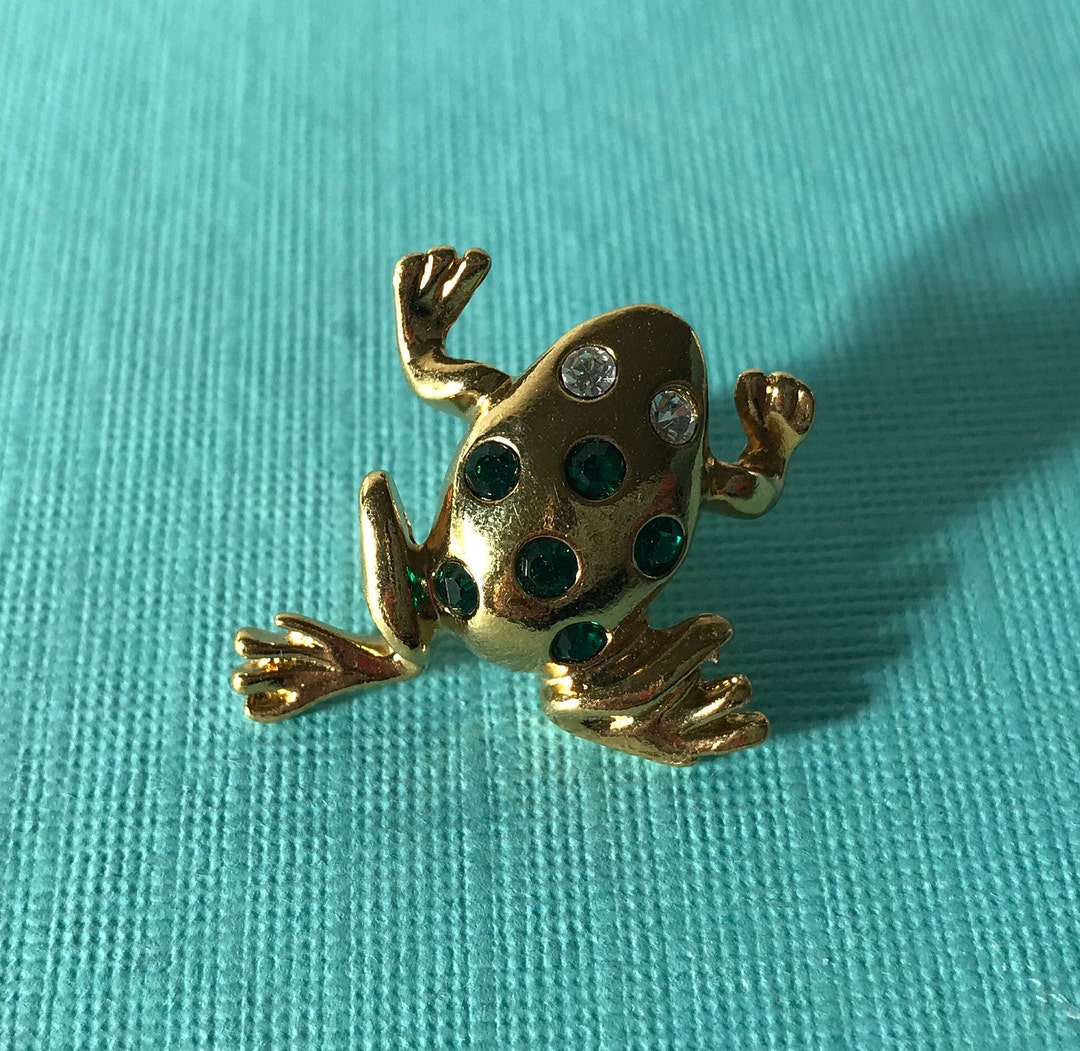 Vintage Frog Tie Tack, Rhinestone Frog Lapel Pin, Frog Hat Pin, Rhinestone Frog Hat Pin, Green