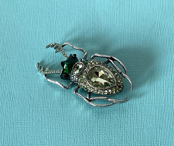 Large rhinestone roach brooch, beetle brooch, locust brooch, green rhinestone beetle pin, blue roach brooch, scarab brooch, insect brooch