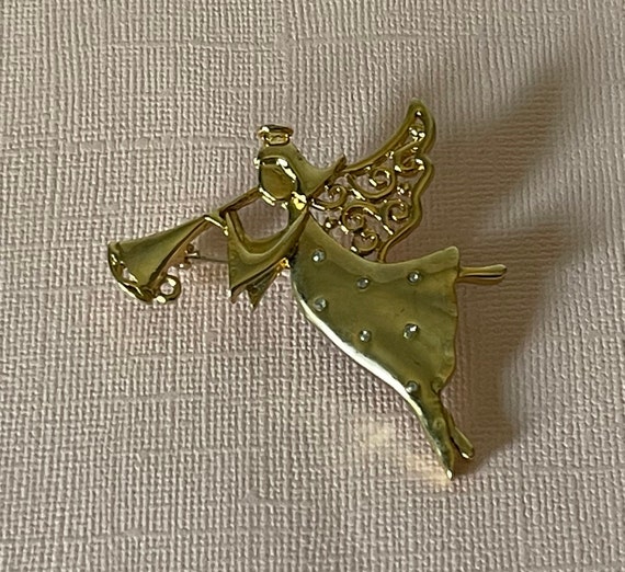Vintage angel brooch, gold angel pin, rhinestone … - image 6