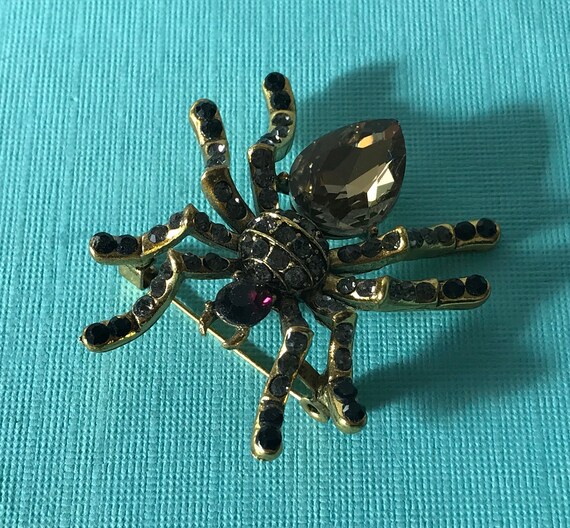 Rhinestone spider brooch, gold spider pin, purple