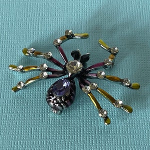 Rhinestone spider brooch, purple spider pin, yellow spider brooch, spider jewelry, tarantula, Halloween spider pin, insect image 1