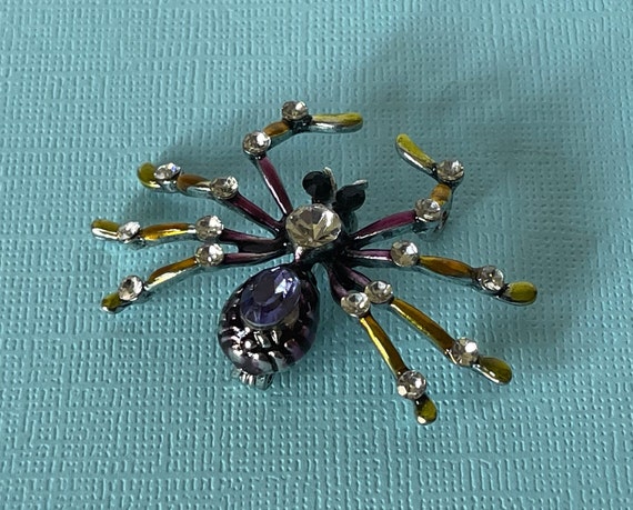 Rhinestone spider brooch, purple spider pin, yell… - image 1