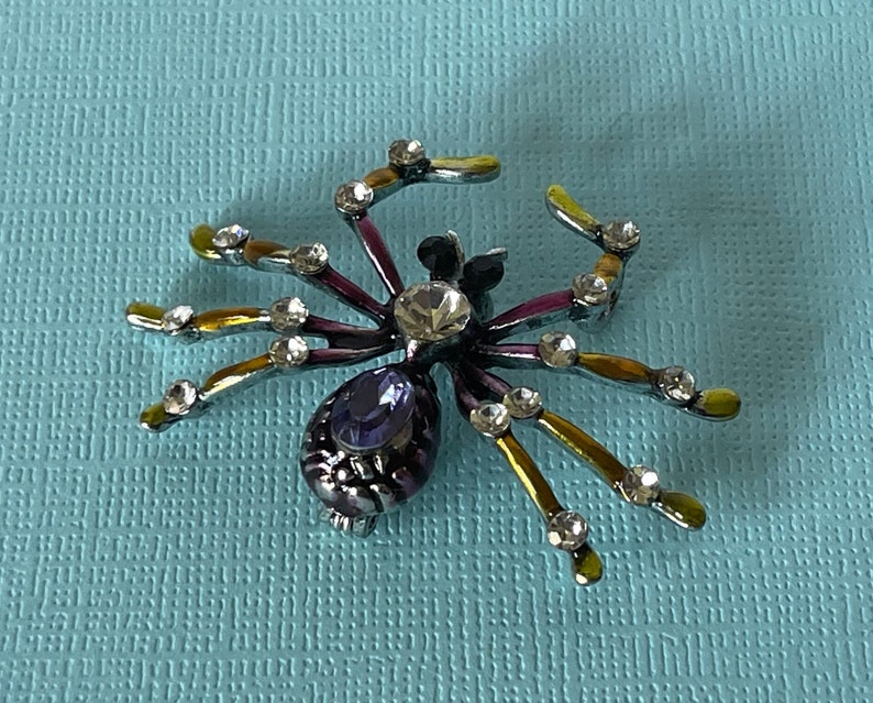 Rhinestone spider brooch, purple spider pin, yellow spider brooch, spider jewelry, tarantula, Halloween spider pin, insect image 1