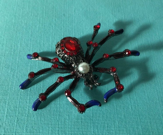 Rhinestone spider brooch, patriotic spider pin, re