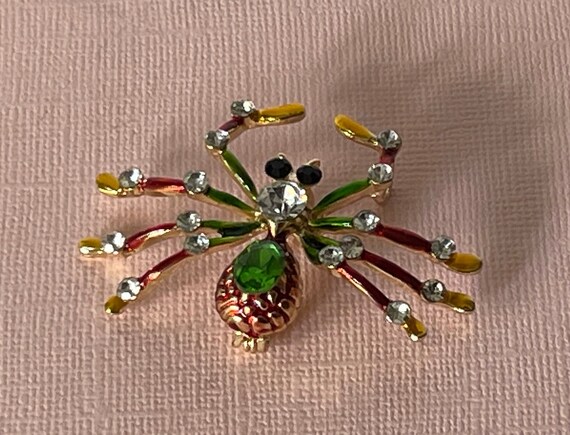 Rhinestone spider brooch, green spider pin, yello… - image 9