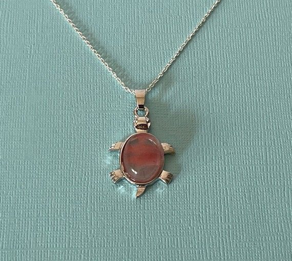 Cherry quartz turtle necklace, 20" turtle necklac… - image 6