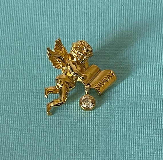 Vintage angel brooch, Sunday angel brooch, rhinestone angel pin, gold angel pin, angel jewelry gold angel brooch, rhinestone angel