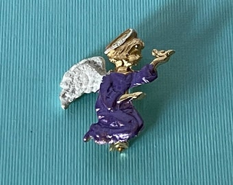 Vintage angel brooch, purple angel pin, religious jewelry, Christian jewelry, religious gifts, angel jewelry, purple angel with bird pin