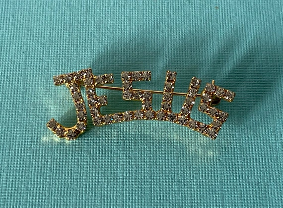 Vintage Jesus brooch, Jesus pin, rhinestone Jesus… - image 1