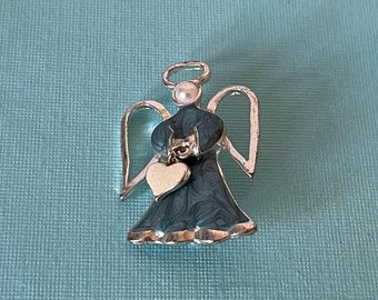 Vintage angel brooch, blue angel brooch, guardian angel, Christian jewelry, religious jewelry angel with dangling heart angel brooch vintage