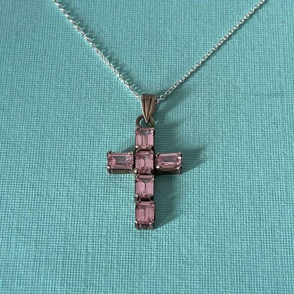 Vintage cross necklace, pink cross necklace, rhinestone cross necklace, cross jewelry, religious gifts, Christian jewelry, Cross pendant
