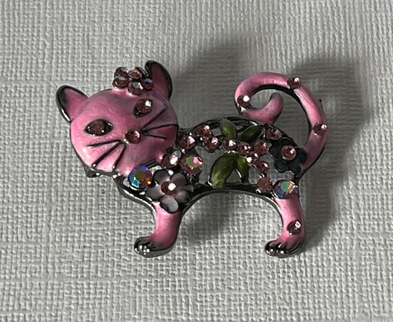 Pink cat brooch, rhinestone cat pin, boho cat pin… - image 3