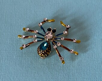 Rhinestone spider brooch, tarantula brooch, blue spider pin, wedding spider brooch something blue lucky spider pin spider jewelry, tarantula