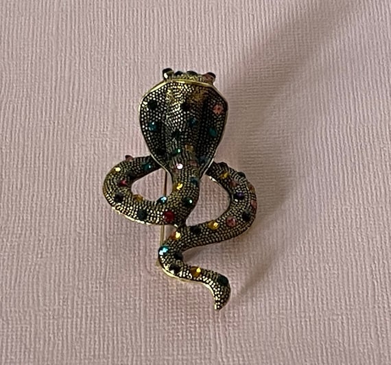 Rhinestone snake brooch, cobra brooch, gold snake… - image 2