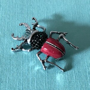 May include: A silver-toned beetle brooch with a black, gem-studded head and a red, enameled body. The insect-themed jewelry piece has detailed legs and antennae, set against a light blue textured background.
