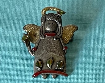 Vintage angel brooch, pewter angel pin, Christmas angel pin, guardian angel angel with halo pin, angel jewelry, religious jewelry, angels