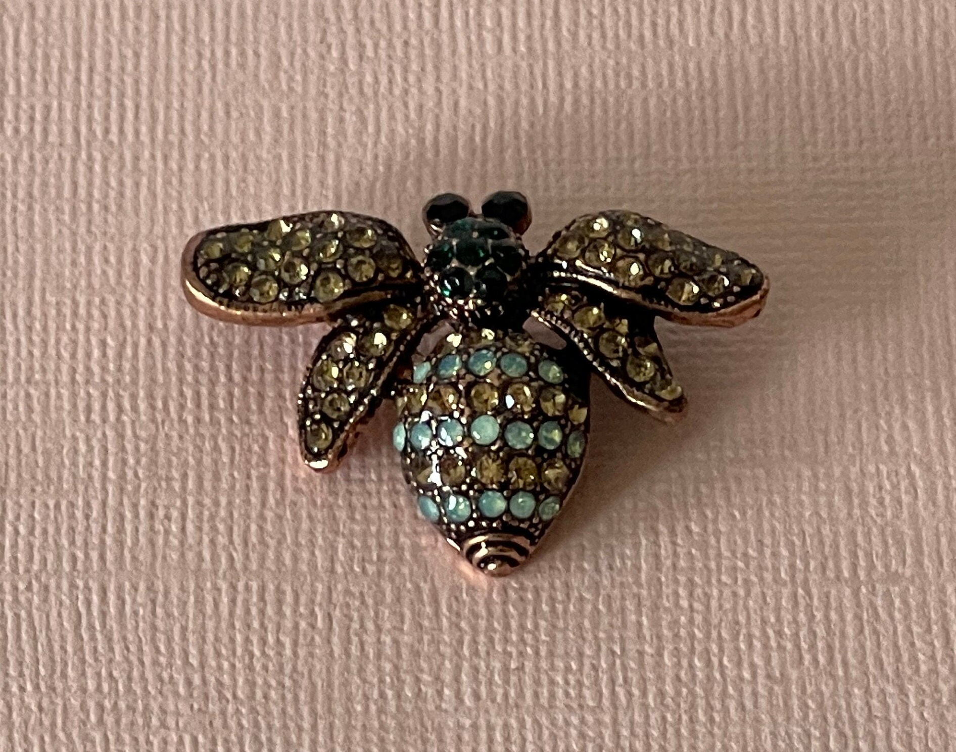 Green and Gold Bee Brooch, Rhinestone Bee Pin, Bee Jewelry  display picture 2