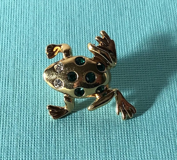 Vintage frog tie tack, rhinestone frog lapel pin, frog hat pin, rhinestone frog hat pin, green rhinestone frog brooch, vintage frog brooch