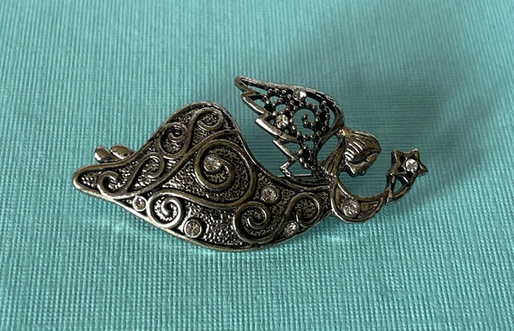 Vintage angel brooch, silver angel pin, rhineston… - image 1