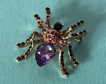 Rhinestone spider brooch, purple spider pin, spider jewelry, tarantula spider pin, Halloween spider pin, gold spider pin, wedding spider pin