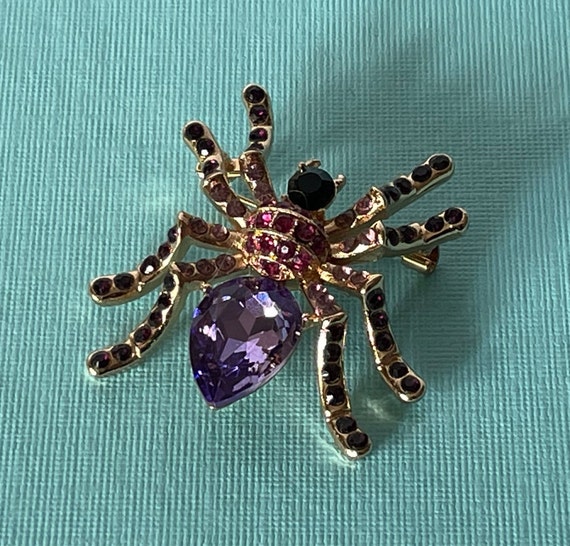 Rhinestone spider brooch, purple spider pin, spid… - image 1