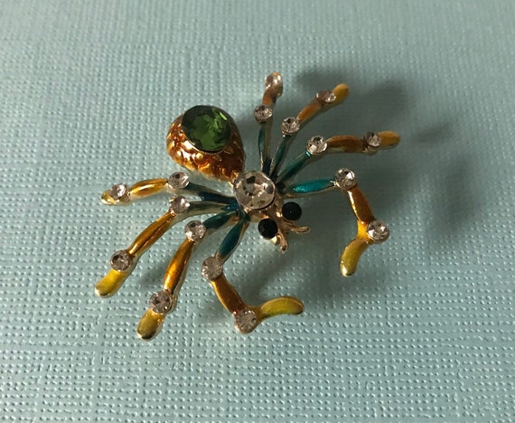 Rhinestone spider pin, spider brooch, green rhine… - image 2