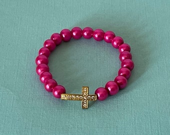 Vintage cross bracelet, beaded bracelet, pink beaded cross bracelet, rhinestone cross brooch hot pink bracelet, religious jewelry, Christian