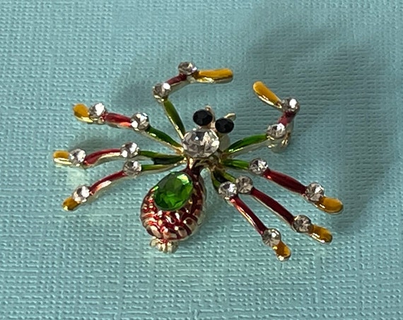 Rhinestone spider brooch, green spider pin, yello… - image 6