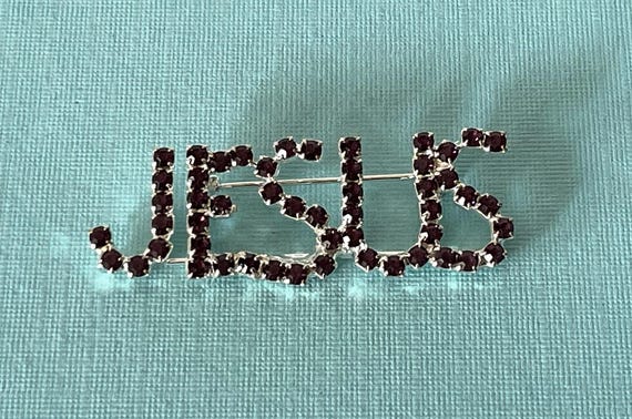 Vintage JESUS brooch, purple Jesus pin, rhinestone Jesus brooch, Amen!  (IT's appropriate), religious jewelry, Christian jewelry, Jesus pin