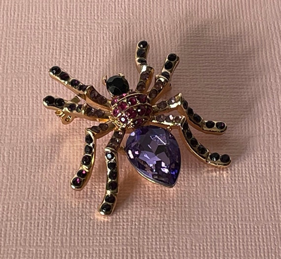 Rhinestone spider brooch, purple spider pin, spid… - image 2