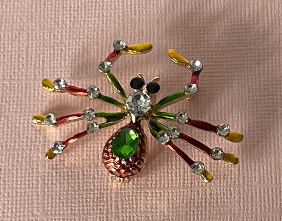 Rhinestone spider brooch, green spider pin, yello… - image 1