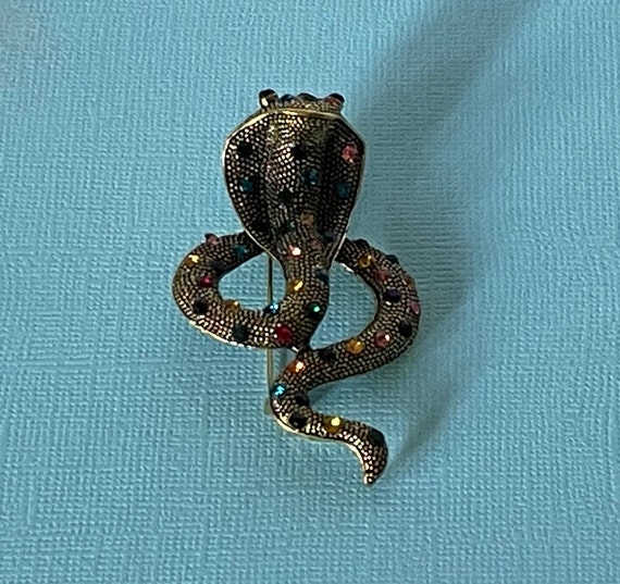 Rhinestone snake brooch, cobra brooch, gold snake… - image 3