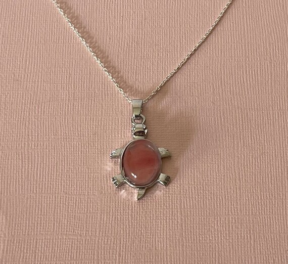 Cherry quartz turtle necklace, 20" turtle necklac… - image 2