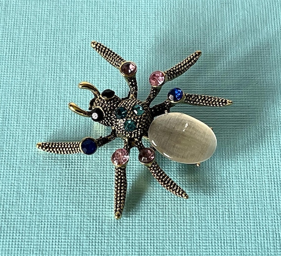 Rhinestone spider brooch, rhinestone ant pin, blue and pink insect pin, spider jewelry, ant brooch, cabochon spider, cabochon ant brooch