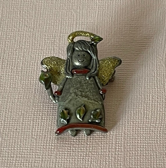 Vintage angel brooch, pewter angel pin, Christmas… - image 6