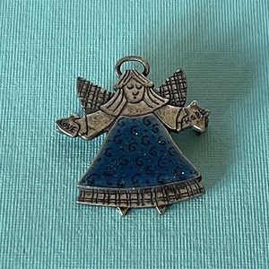 Vintage angel brooch, pewter angel pin, blue angel brooch, signed TC angel pin, angel jewelry, Christmas angel, religious jewelry, Christian image 1