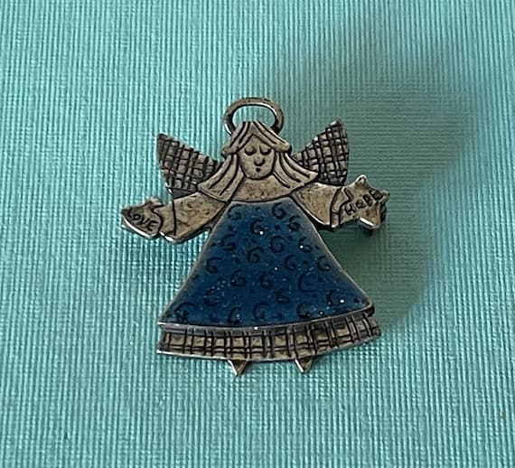 Vintage angel brooch, pewter angel pin, blue ange… - image 1