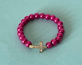 Vintage cross bracelet, beaded bracelet, pink beaded cross bracelet, rhinestone cross brooch hot pink bracelet, religious jewelry, Christian