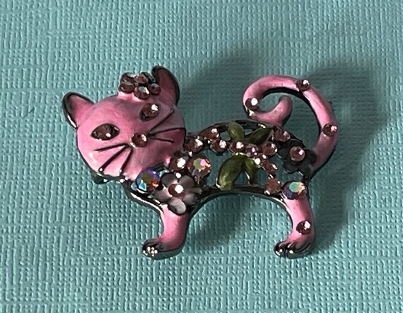 Pink cat brooch, rhinestone cat pin, boho cat pin… - image 6