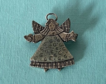 Vintage angel brooch, silver angel pin, green angel pin, guardian angel brooch, angel jewelry, Christian jewelry, religious jewelry, gifts