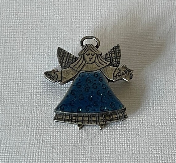 Vintage angel brooch, pewter angel pin, blue ange… - image 4