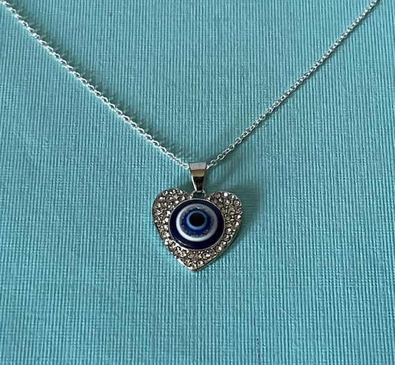 Evil eye necklace, heart evil eye necklace, third eye necklace, evil eye protection, rhinestone evil eye necklace, heart jewelry, evil eye