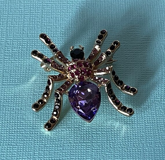 Rhinestone spider brooch, purple spider pin, spid… - image 7