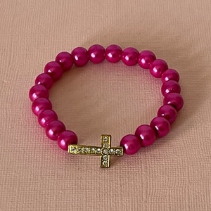 Vintage cross bracelet, beaded bracelet, pink beaded cross bracelet, rhinestone cross brooch hot pink bracelet, religious jewelry, Christian