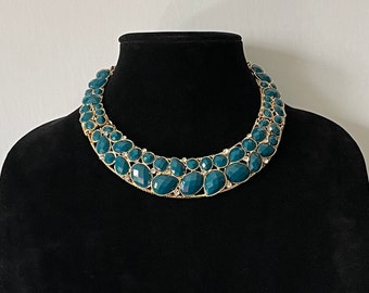 Vintage cabochon necklace, choker necklace, rhinestone necklace, blue choker necklace statement necklace prom necklace, gold choker necklace